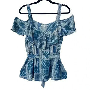 SWEET RAIN Blue & White Cowgirl Handkerchief Off Shoulder Tank Top  Size Medium